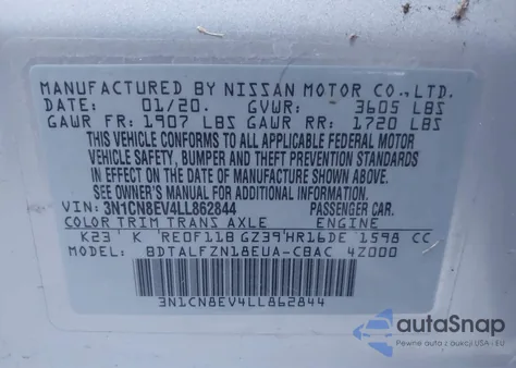 2020 Nissan Versa Sv Xtronic Cvt from USA, damaged, VIN 3N1CN8EV4LL862844